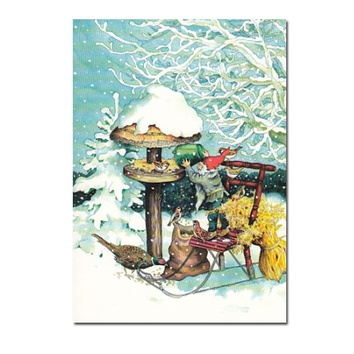 Postkarte Inge Löök "Zwerg füttert Vögel im Schnee "  Löök Postkarte Weihnachten