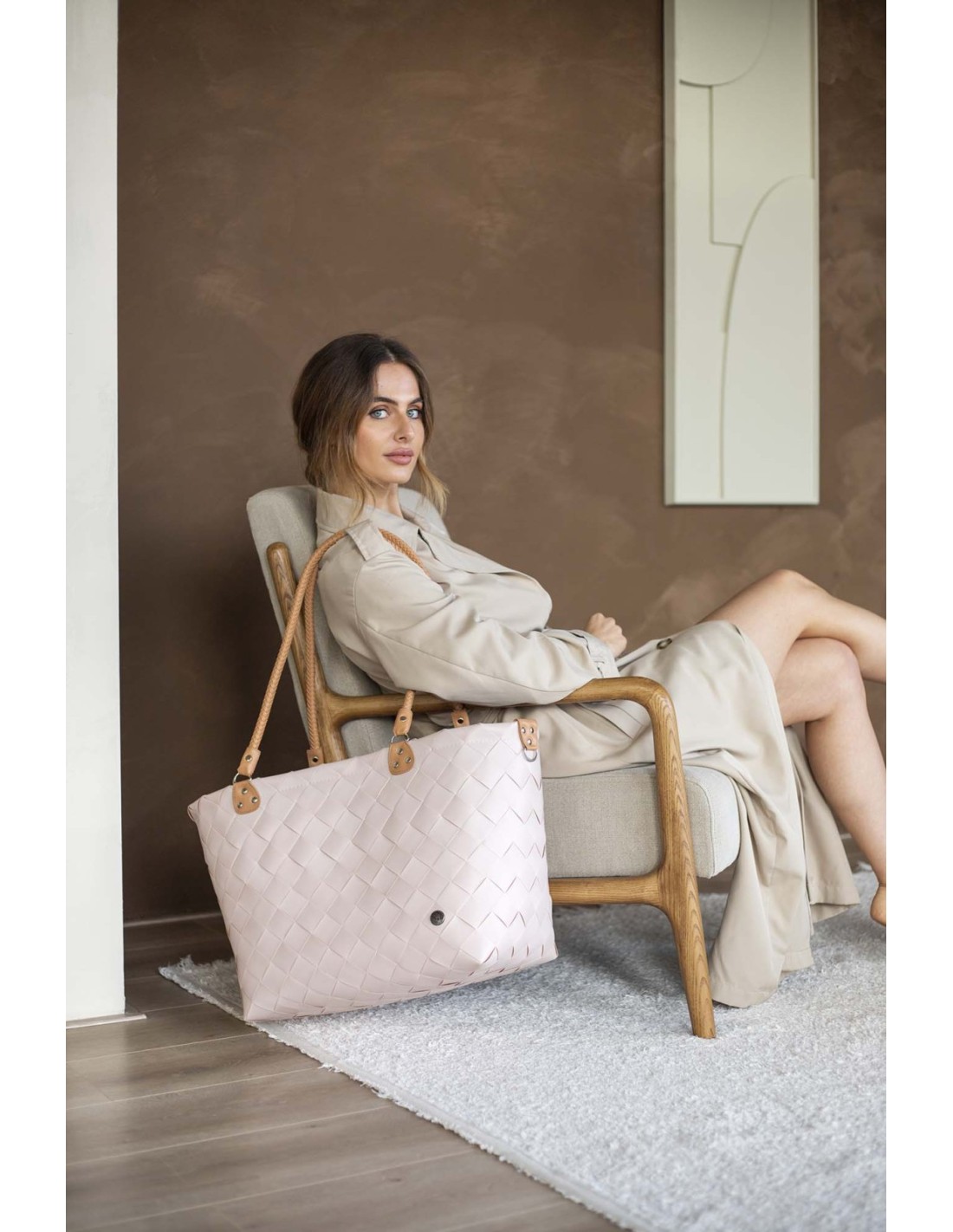 Handed By Sainte-Maxime Shopper, Freizeittasche fetter Riemen mit PU Griffen Größe XL, Farbe: nude