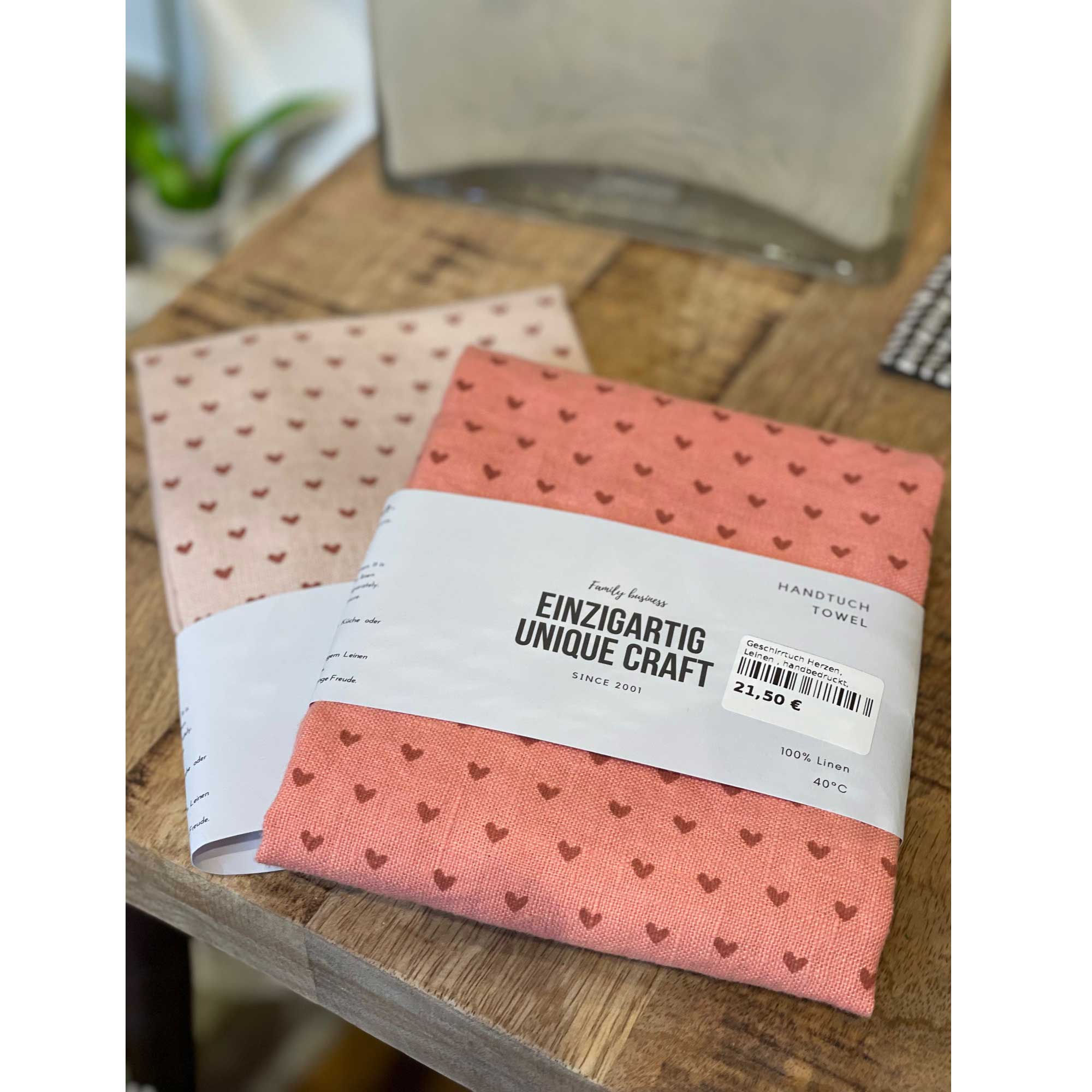 Geschirrtuch Herzen, Leinen , handbedruckt, ca.50x70 cm, canyon clay von Dorothee Lehnen  