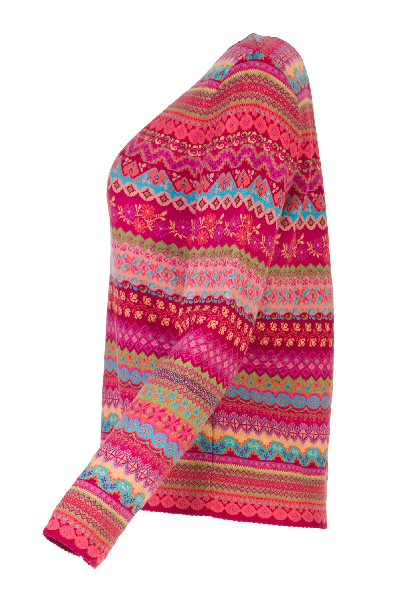 DUNQUE Jacquard-Pullover " BEA" GOTS , Farbe beere-bunt, 100 % Bio-Baumwolle, Made in Germany