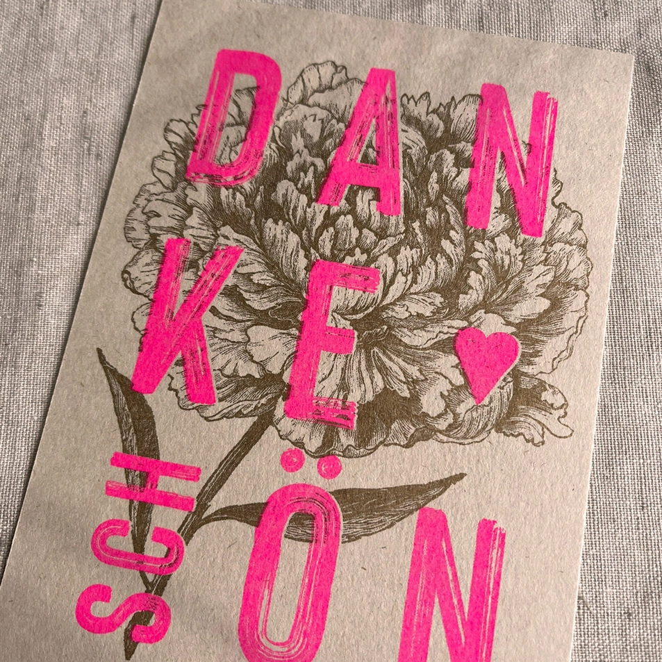 Feingeladen Postkarte TYPO »Dankeschön«, Neon Pink, RISO handgedruckt  