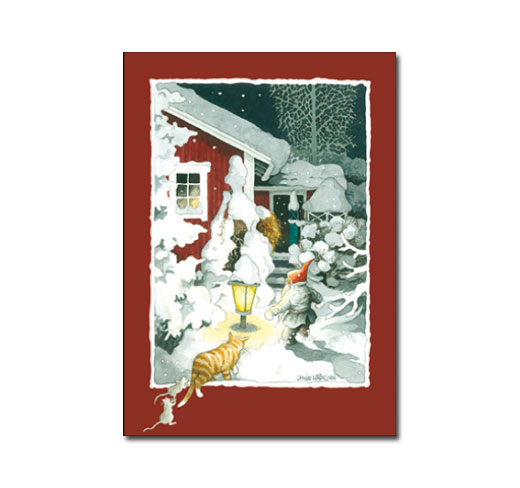 Postkarte Inge Löök "Zwerg und Katze vor winterlichem Haus"  Löök Postkarte Weihnachten
