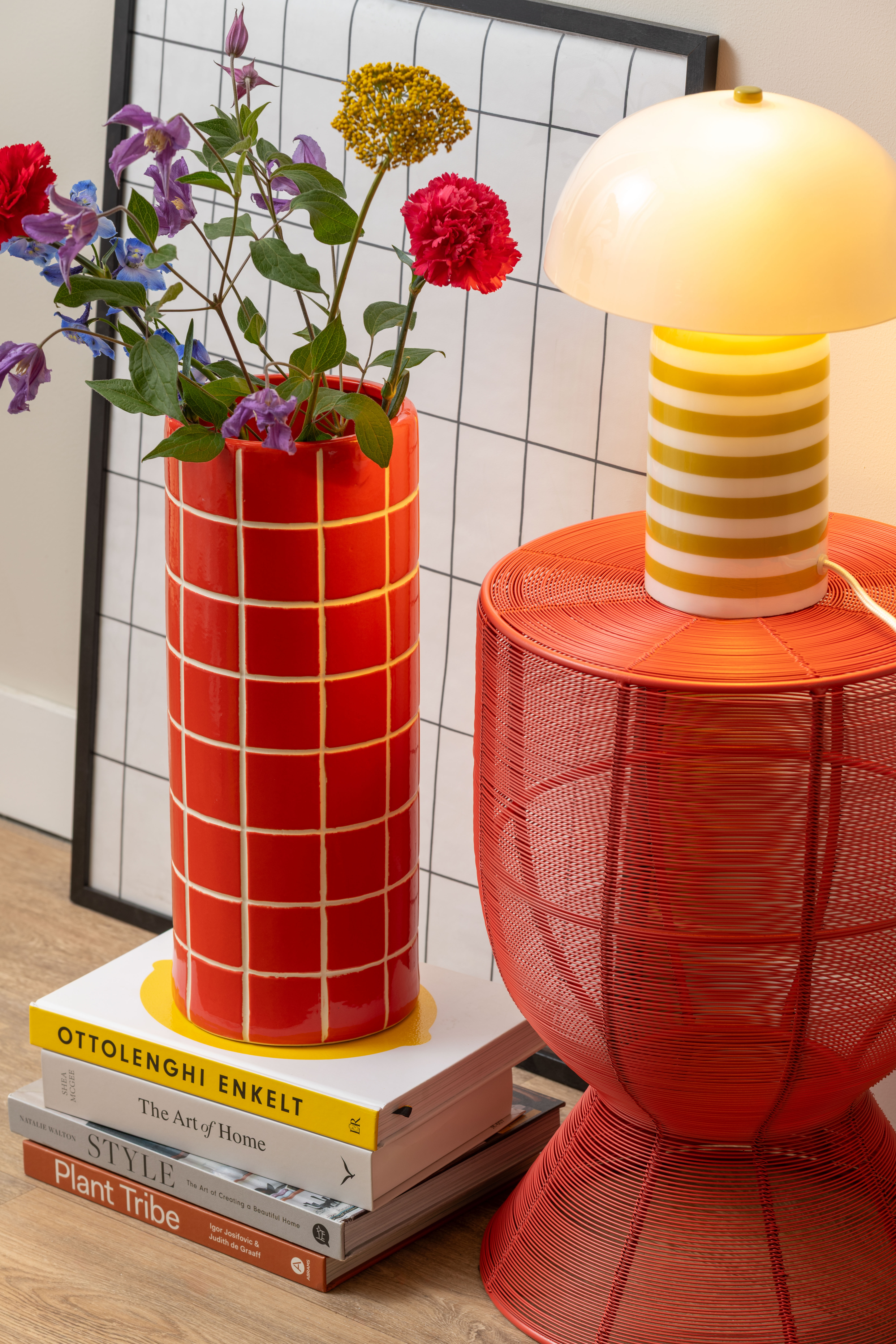 Vase Retro Fliesen Rot, Vase Retro Tiles Round Large Höhe 40 cm, D. 15 cm 