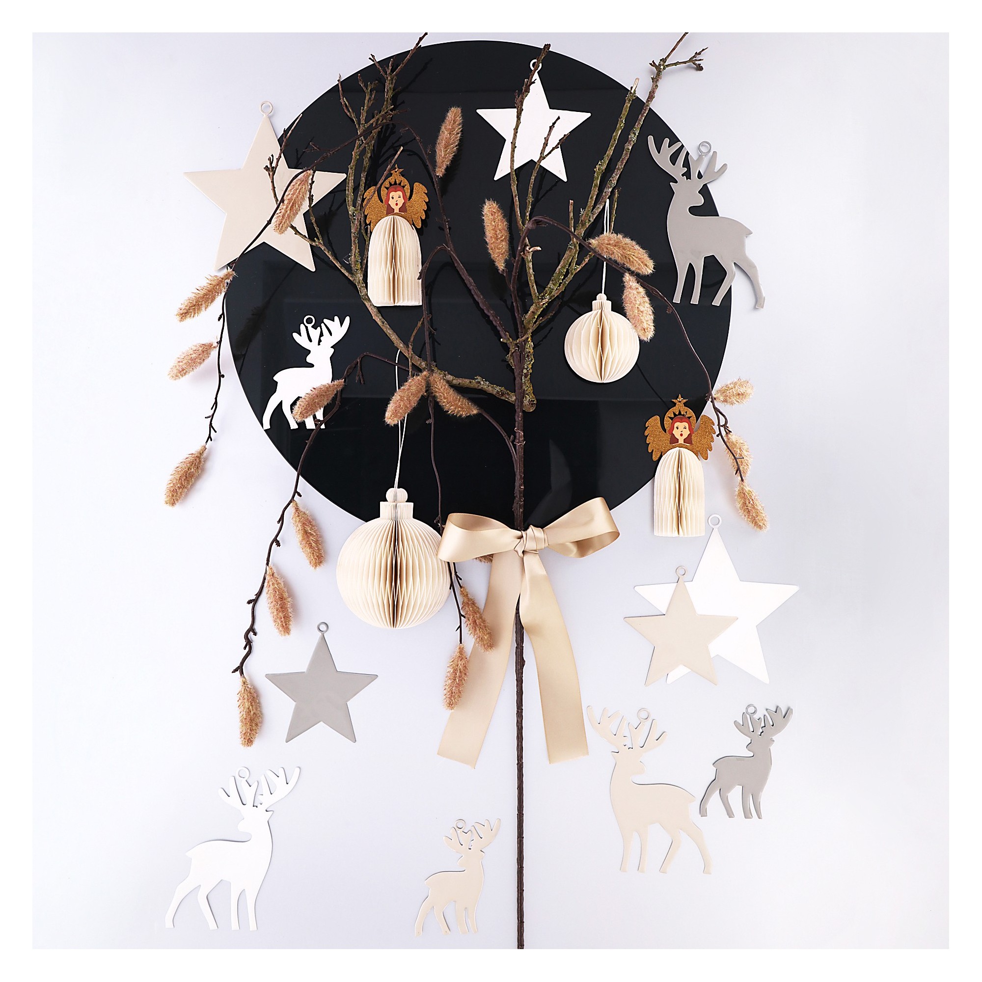 % Papier Ball "Dacia" zum Hängen, creme,  D. ca. 8,5 cm, Weihnachtskugel Papier  