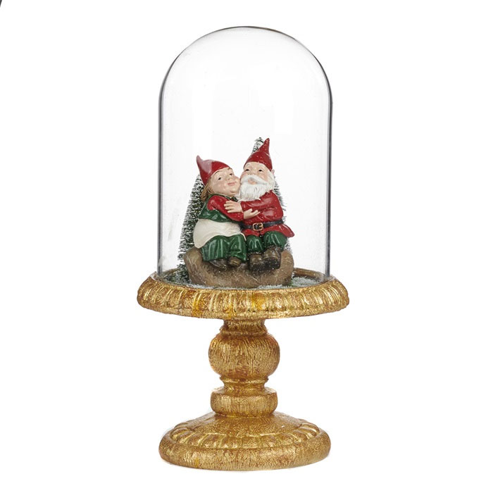 Woodland Santa Gnom-Pärchen unter der Cloche auf goldenem Ständer, ca.30 cm von Catherine Collection / Goodwill , Liebespaar Woodland Santa Gnom-Pärchen unter der Cloche auf goldenem Ständer, ca.30 cm von Catherine Collection / Goodwill , Liebespaar
