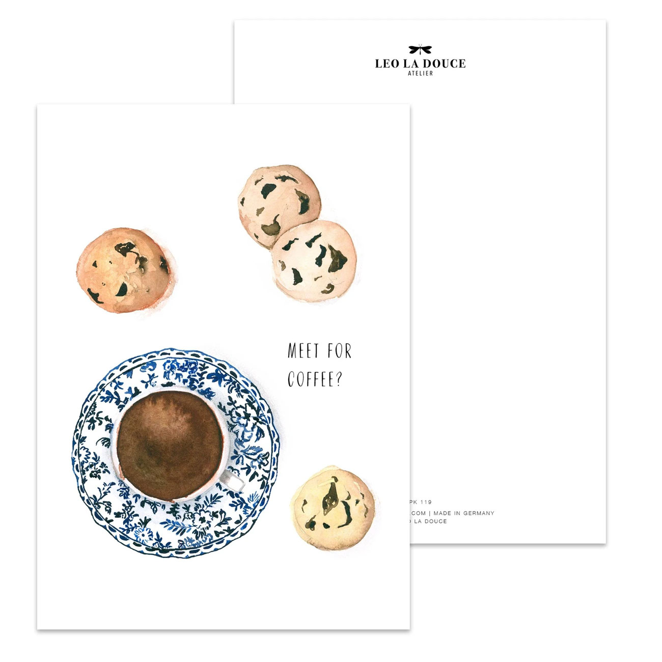 Leo la Douce Postkarte – MEET FOR COFFEE von Leo la Douce, Kaffee, Kekse
