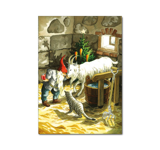 Postkarte Inge Löök "Zwerg feiert Weihnachten mit Ziege"  Löök Postkarte Weihnachten