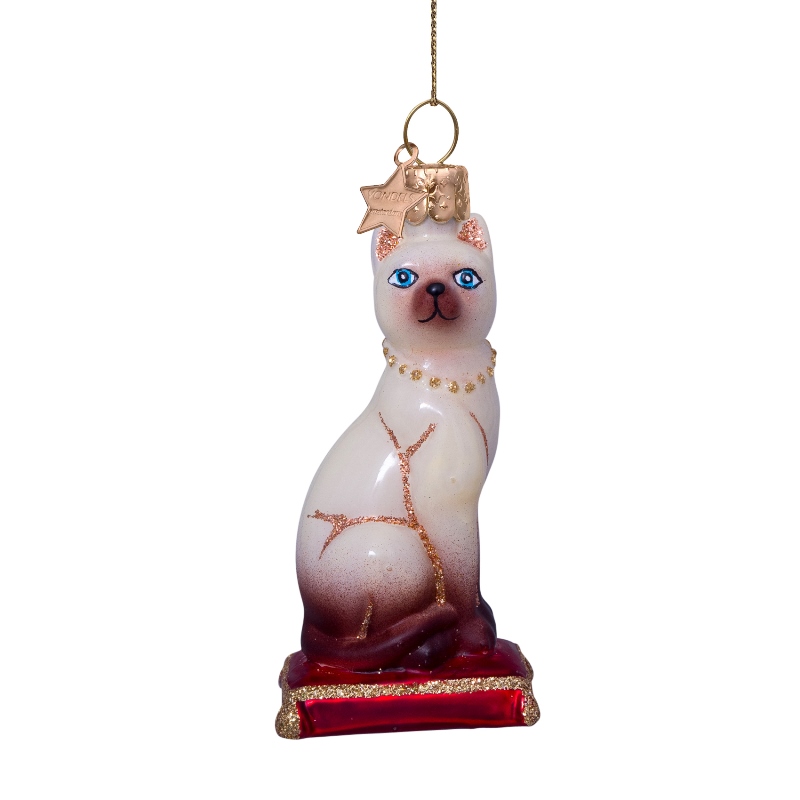 Weihnachtskugel Siamkatze mit rotem Kissen, ca. 8,5 cm, Glas, von Vondels 
