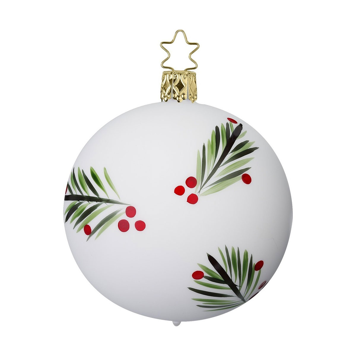 Inge Glas Christbaumkugel TANNENZWEIGE, porzellanweiß matt, D.  8 cm, Traditionelles Rot