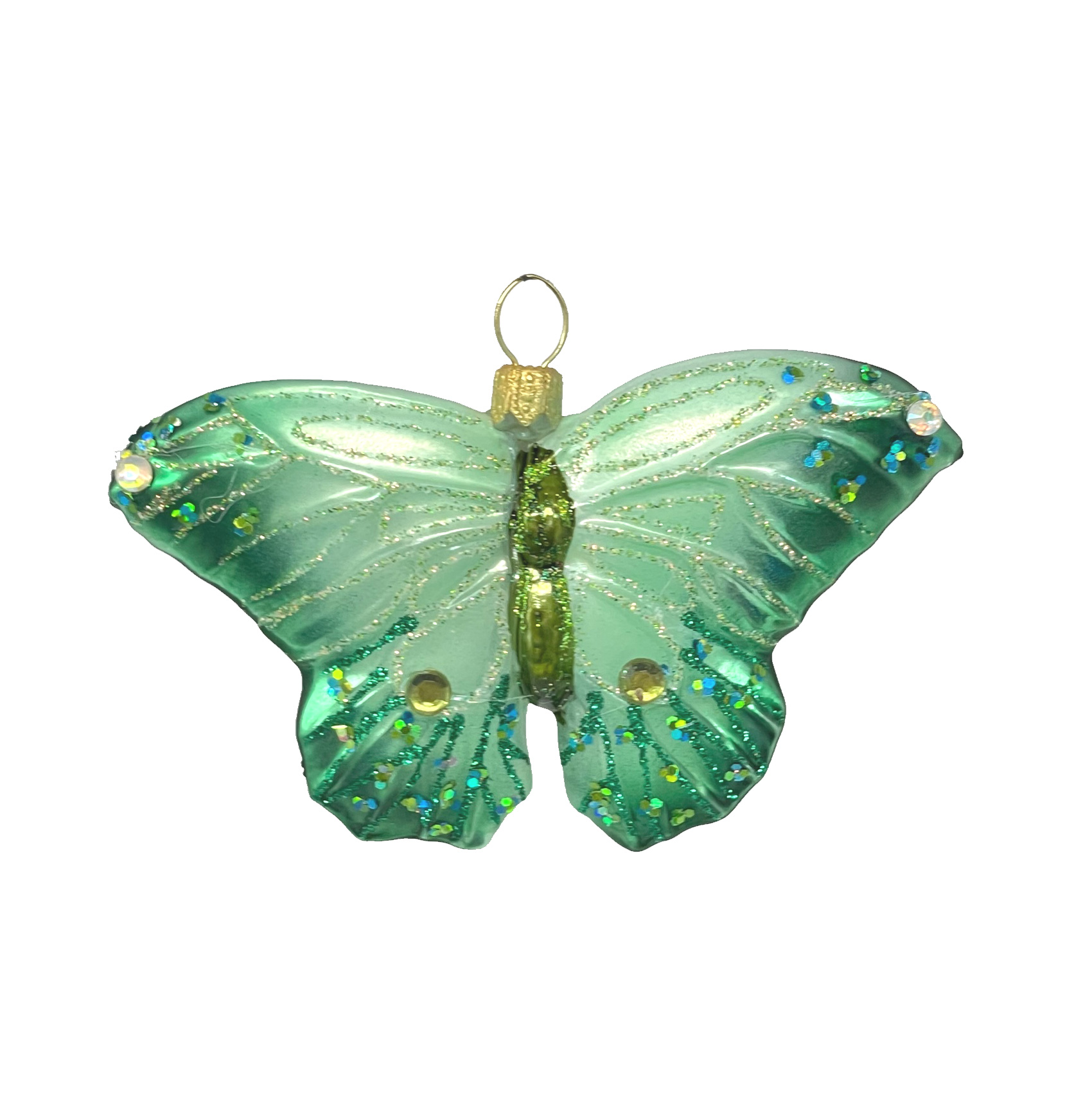 Weihnachtskugel Schmetterling grün, Glas , ca. 9 x 5 cm