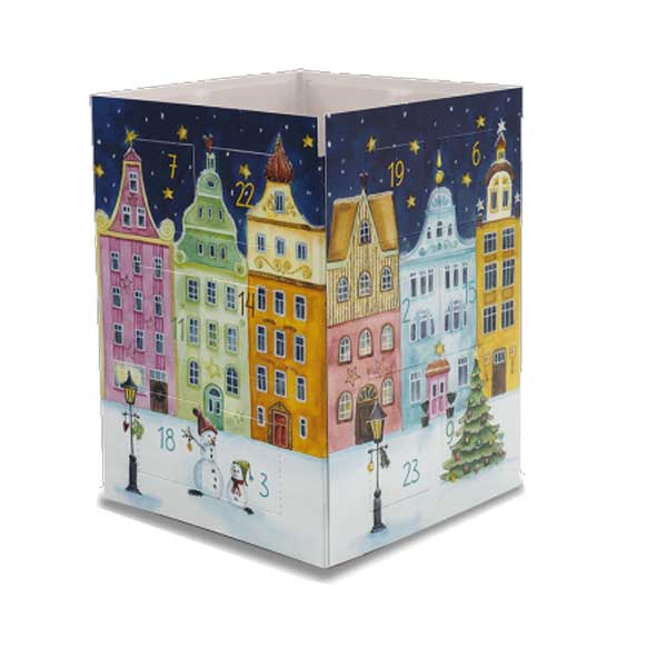 Adventskalender Karte , als Windlicht zum Aufstellen " Wintertlicher Straßenzug"   