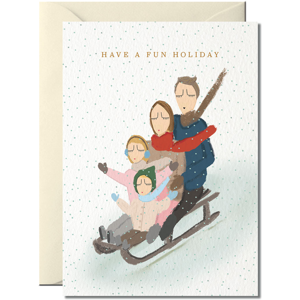 "Have a Fun Holiday"  Doppelkarte von Nelly Castro, Schlittenfahrt