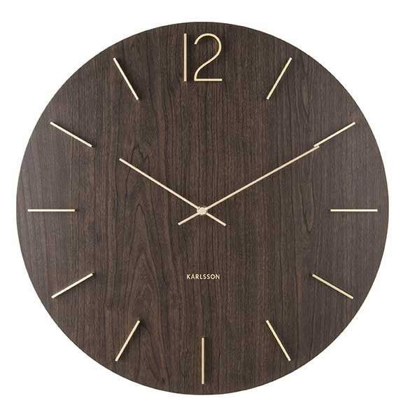 % Wanduhr MEEK, Dunkles Holz, D.  ca. 50 cm , Ziffernblatt Messing, Uhr