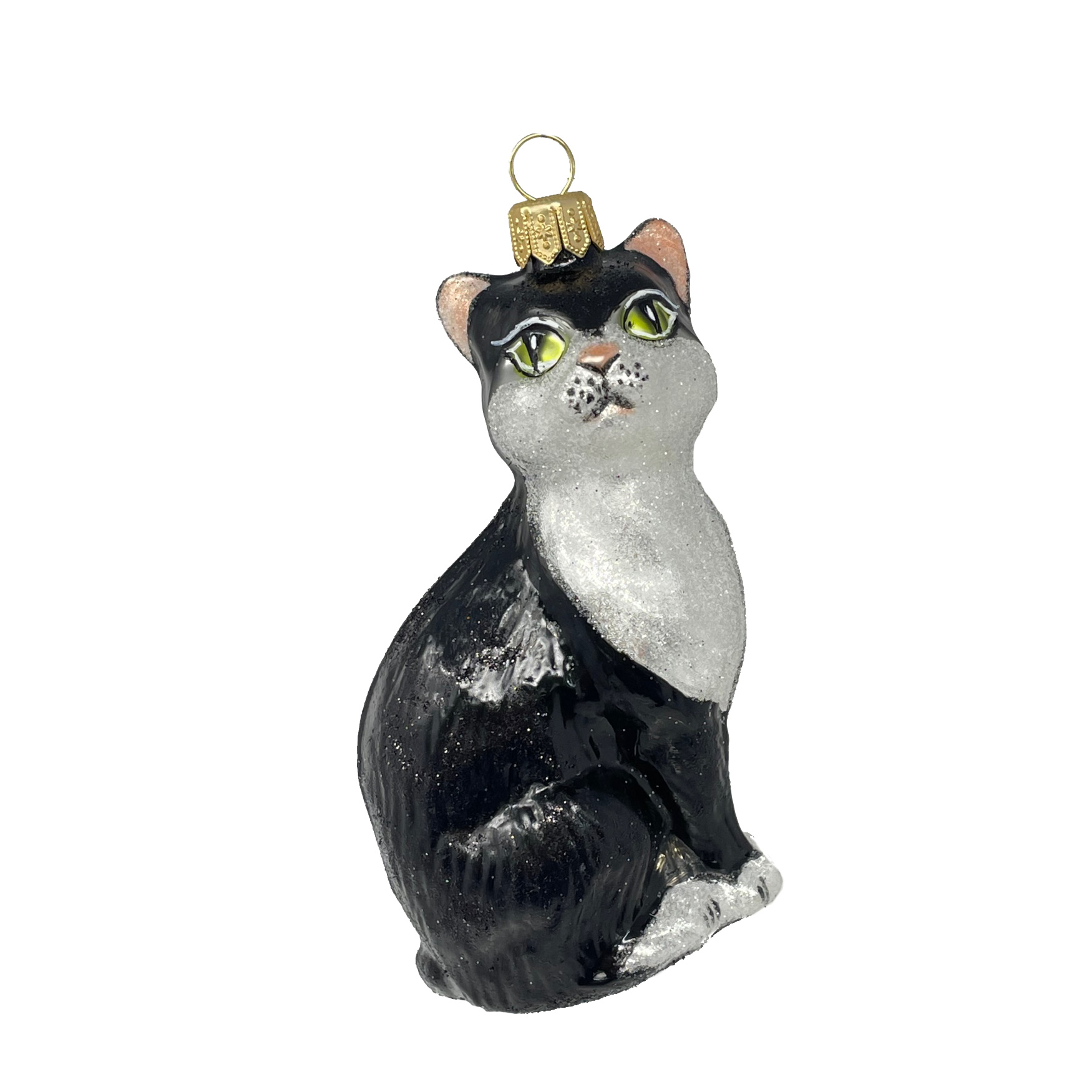 Christbaumkugel Katze Nr. 2, sitzend, schwarz mit weiß 