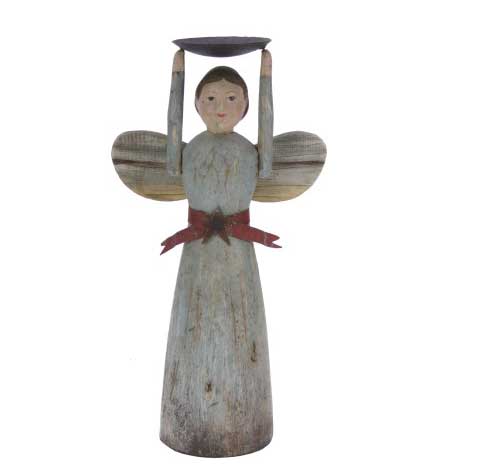 Engel Nr. 30 mit Schleife, Vintage Look, Kerzenhalter, sanftes blau, ca. 17 x 9,5 x 32cm, Holzoptik Weihnachten , Weihnachtsengel von Meander 