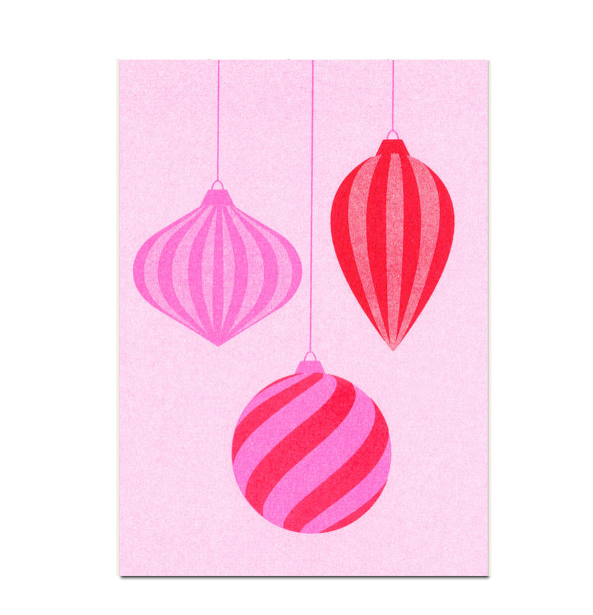 Herr und Frau Rio Postkarte XMAS Glaskugeln Rot, Risographie Postkarte Weihnachten