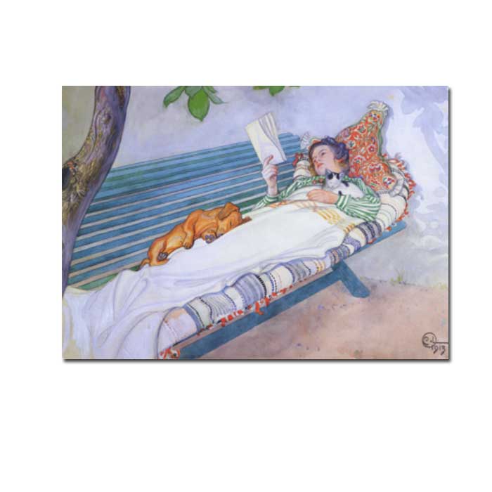 Postkarte Carl Larsson" Lesende Frau auf einer Gartenbank liegend, 1913 "    Kunst  