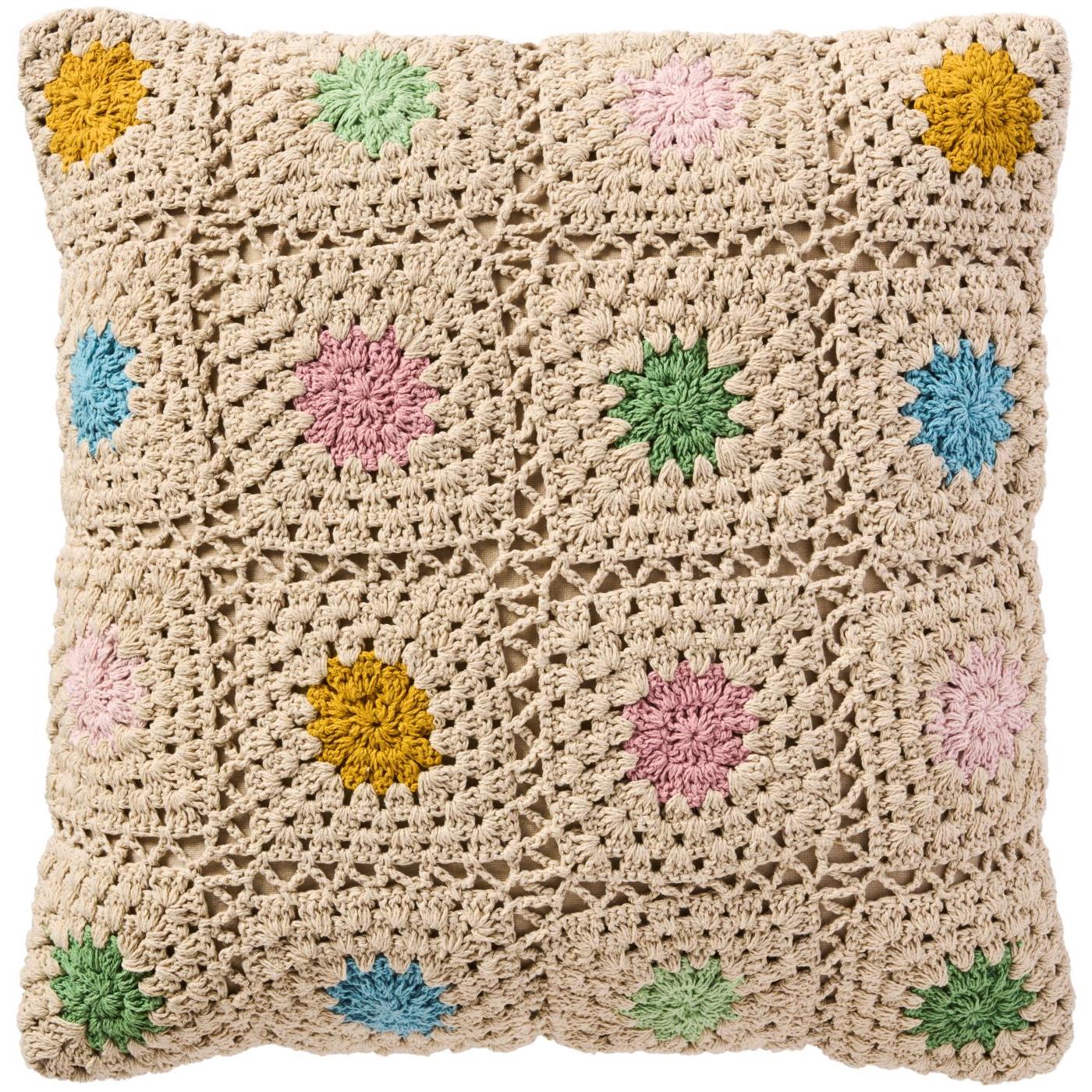 Kissenbezug gehäkelt ca. 50 x 50 cm, naturfarbig mit multifarbigen Blumen, Rückseite naturfarbiges Canvas