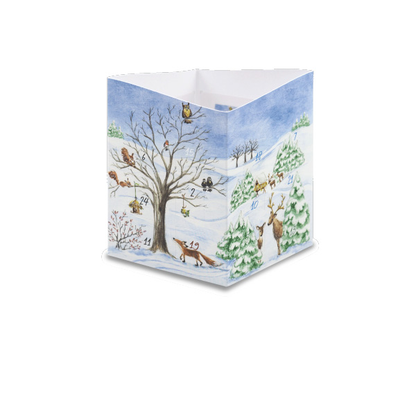Adventskalender Karte , als Windlicht zum Aufstellen "Winterlandschaft mit Schäfer und Waldtieren "  