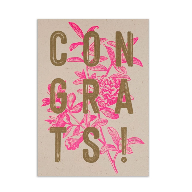 Feingeladen Postkarte TYPO »Congrats!«, Neon Pink, RISO handgedruckt 