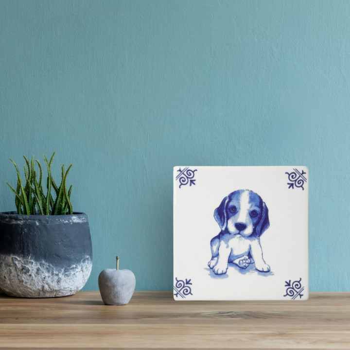 Kachel/ Fliese Hund Puppy ca. 13x13 cm von Heinen Delfts Blauw, Holland, Niederlande   