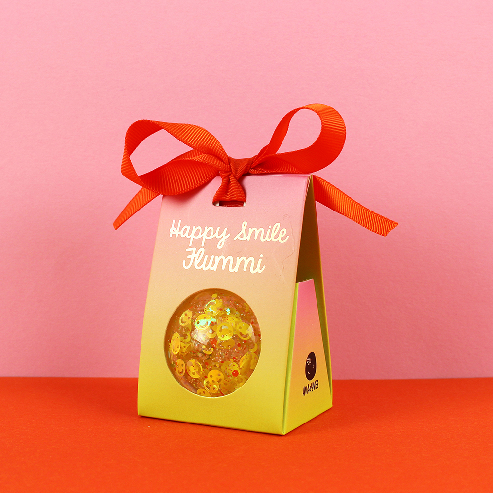 Flummiball mit Smileys und Konfetti, gelb 49 mm
