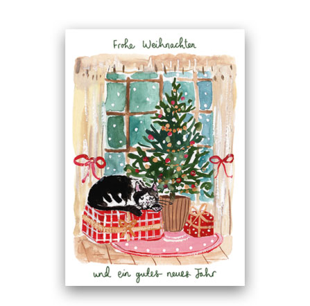 Doppelkarte Weihnachten "Frohe Weihnachten und ein gutes neues Jahr" Katze von Louise Mulgrew