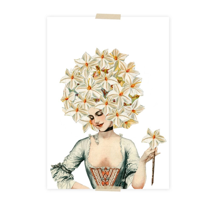 Lylies Postkarte Collage 17. Jahrhundert, Dame mit Blumenkopf von Lylies