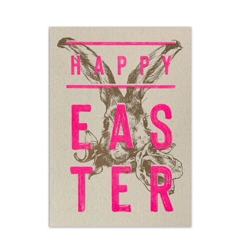 Feingeladen Postkarte TYPO »Happy Easter«, Neon Pink, RISO handgedruckt  , Ostern