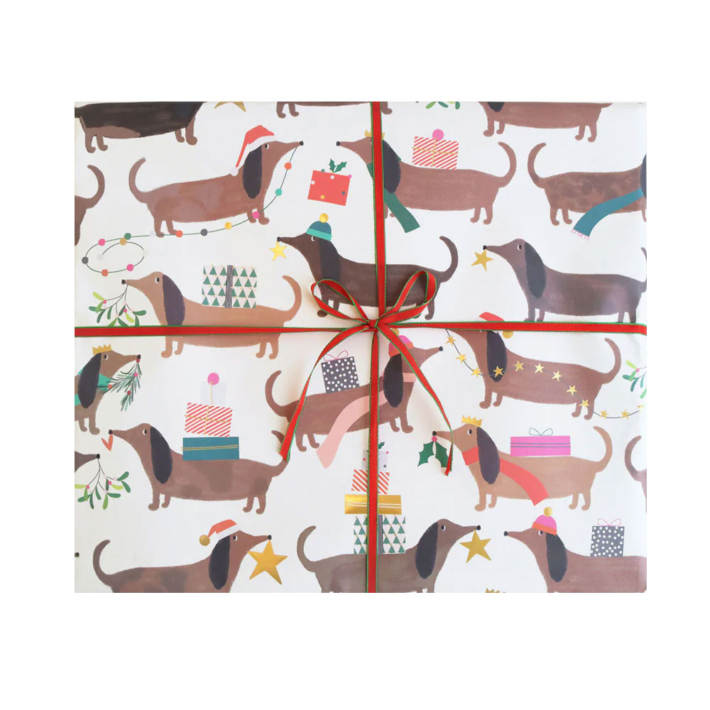 Geschenkpapier Caroline Gardner XMAS - Dackel mit Geschenken/Sausage Dog & Presents  Weihnachtsgeschenkpapier, ca.  50 x 70 cm 