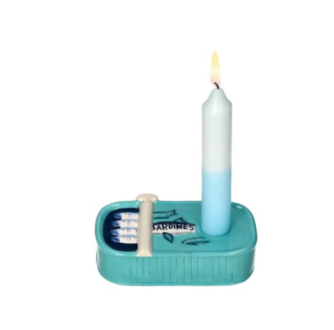 % Mignon, Kerzenhalter, Motiv: Sardinendose, blau, ca. 13,3x4,4x7,7cm
