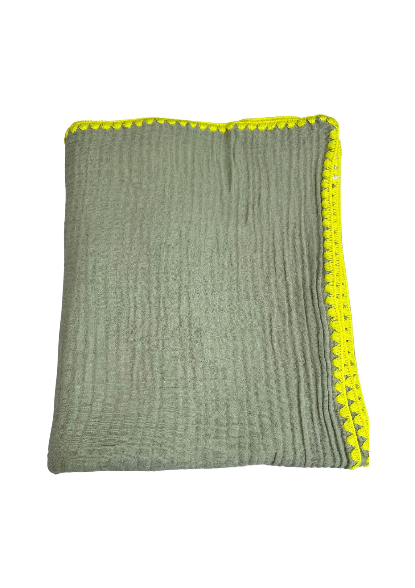 Musselin Decke Salbei ca. 130x130 cm, Rand umhäkelt in Neon Gelb
