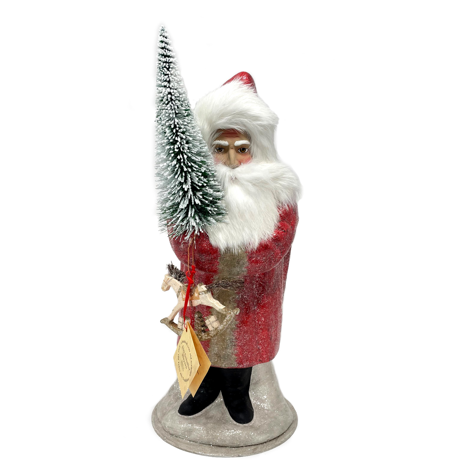 Ino Schaller Santa Nr. 70, XL Altrot mit Fellbart, Pelzmütze und Schaukelpferd, Weihnachtsmann Nostalgie von Ino Schaller 