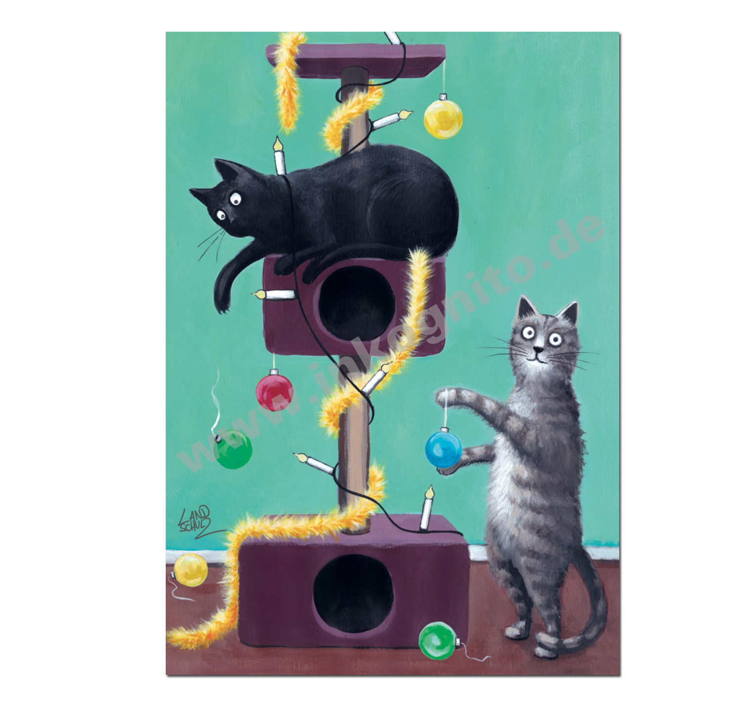 Inkognito Postkarte XMAS Kratzbaum , Weihnachten , Katzen