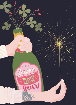 Postkarte New Year Bottle von Toni Starck , Silvester