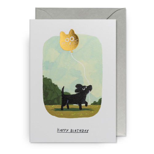 John Bond Doppelkarte "Happy Birthday" Hund mit goldenem Luftballon, Geburststagskarte