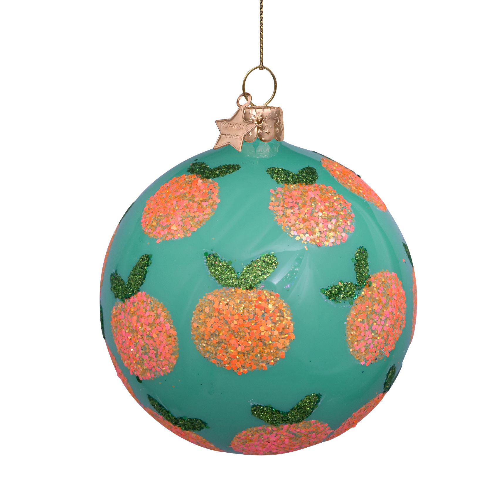 Weihnachtskugel Mint mit Orangen, Glitzer, Glas,  D. ca. 8cm