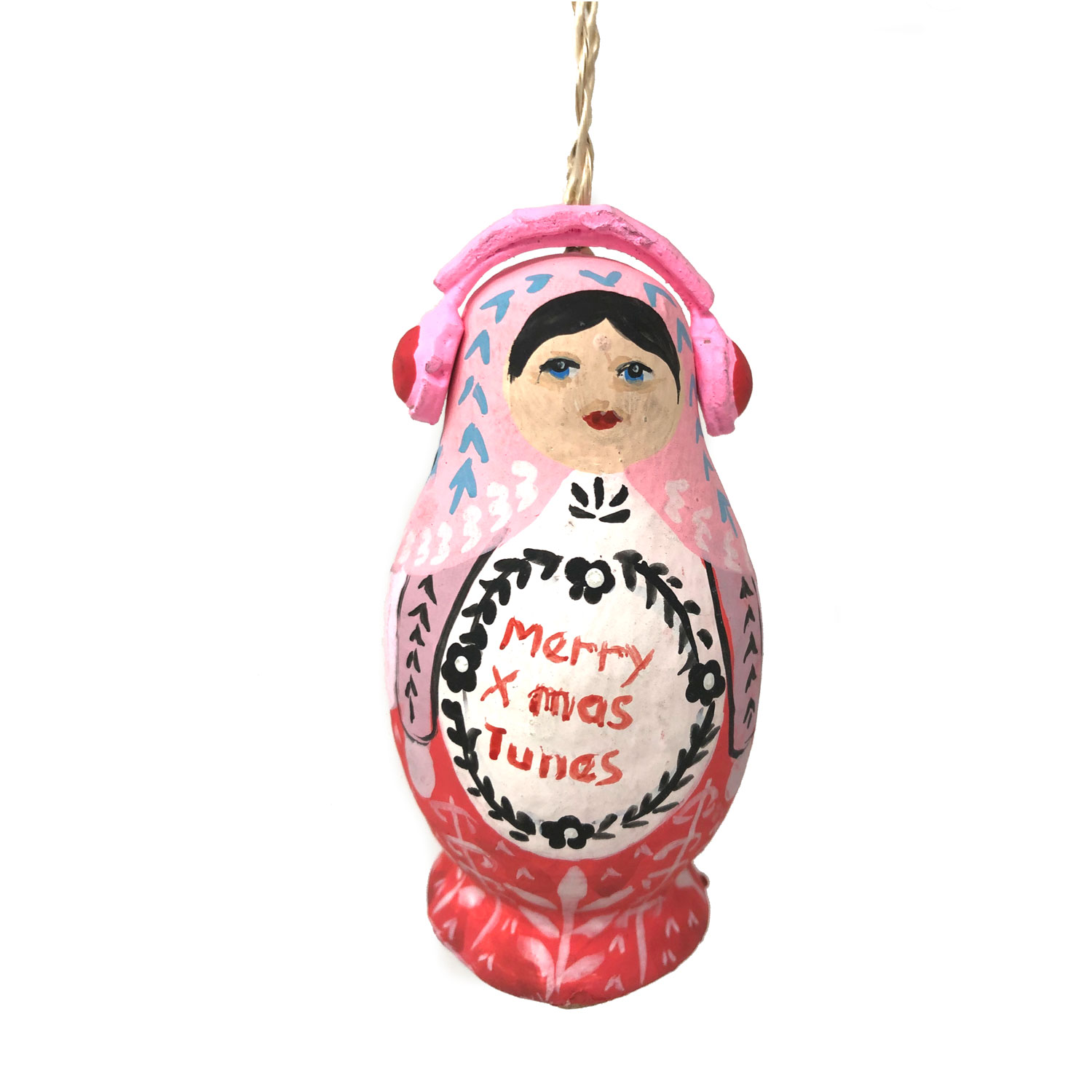 % Jamming Babuschka/Matroschka rosa  mit Kopfhörer, Weihnachtsschmuck, Weihnachtskugel 