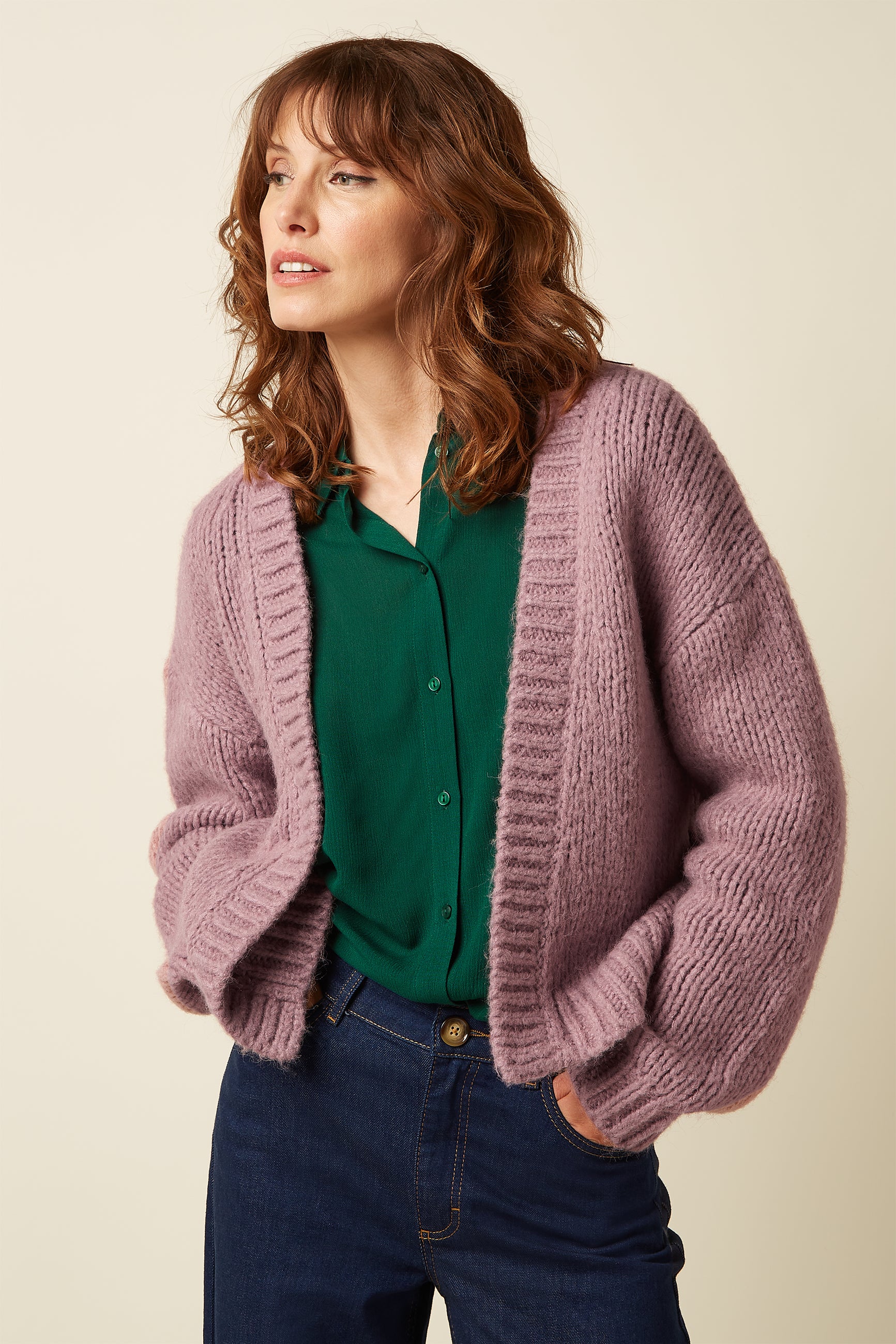 King Louie Cardi Oversize Short Campo Knit , Strickjacke, Farbe Mauve Pink - Campo Knit