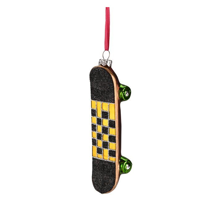 Weihnachtskugel Skateboard, schwarz/gelb, Glas, ca. 14,5 cm  