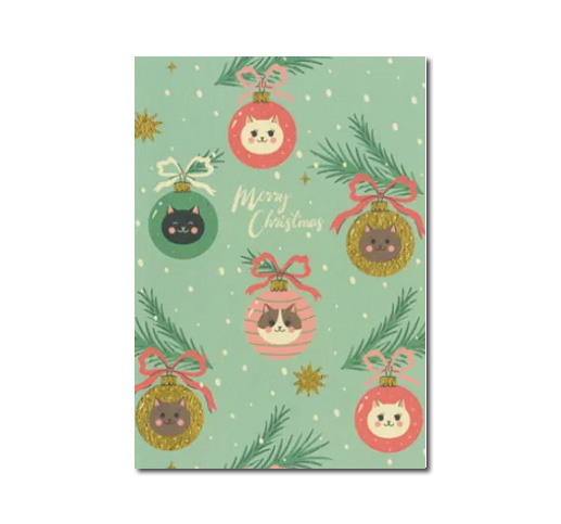 Postkarte Weihnachten "Merry Christmas" (Kugeln mit Katzenmotiven)