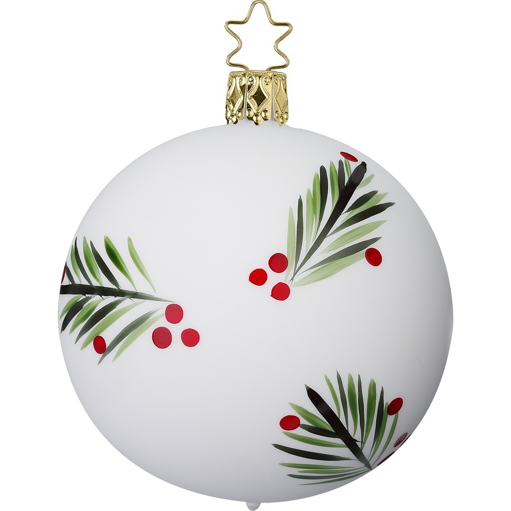 Inge Glas Christbaumkugel TANNENZWEIGE, porzellanweiß matt, D.  8 cm, Traditionelles Rot