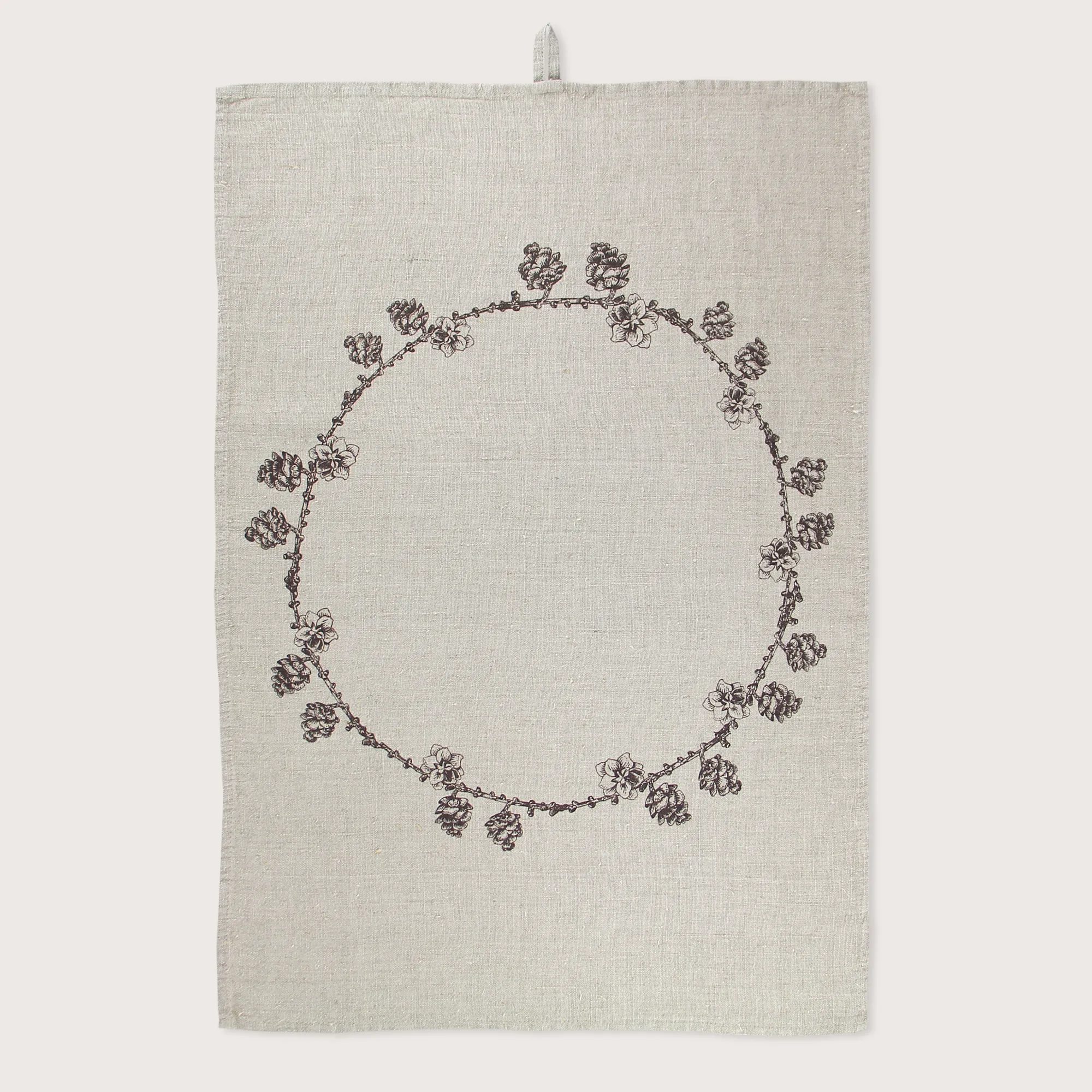 Geschirrtuch Lärchenkranz mit Zapfen, Leinen natur, handbedruckt, ~50x70cm von Dorothee Lehnen        