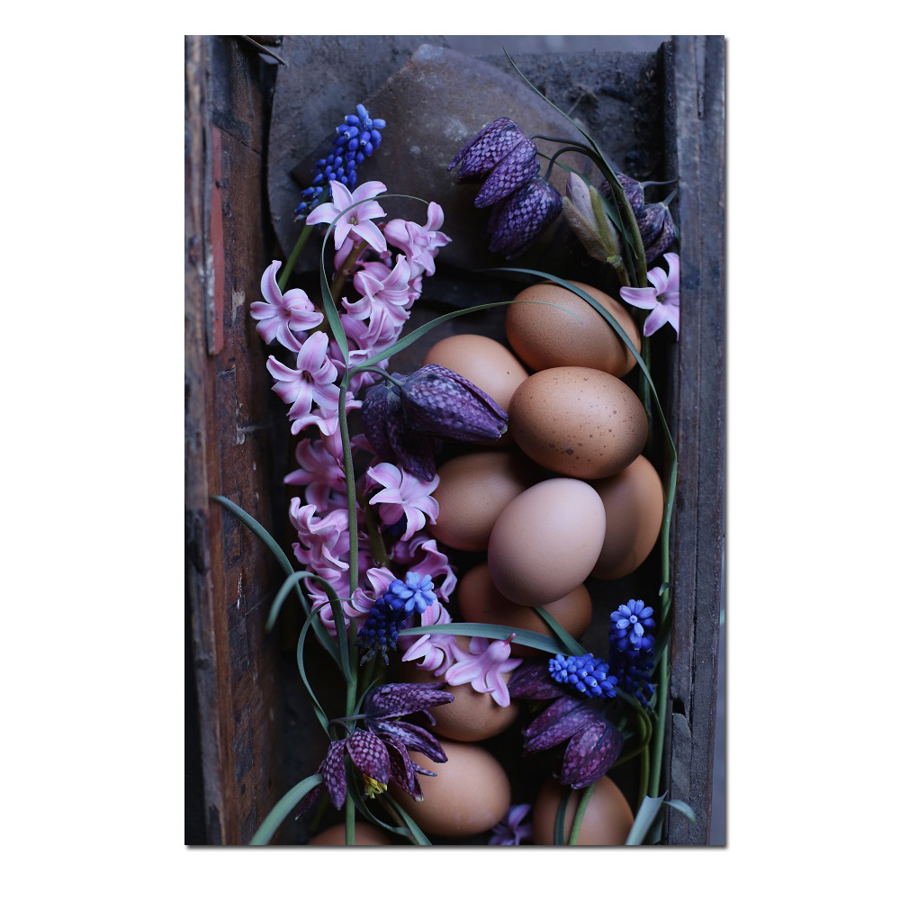 Das Blumenmädchen Postkarte " Blumen und Eier" Frühling, Ostern, Schachbrettblume, Hyazinthen, Hühnereier