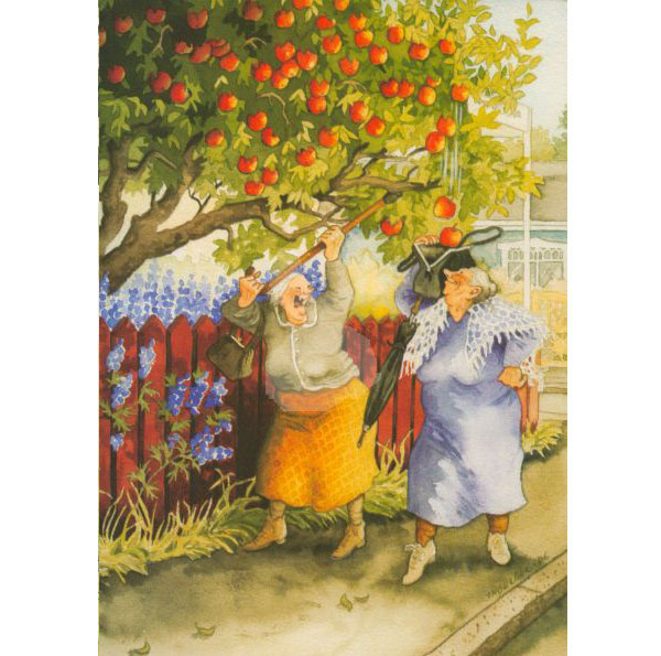Postkarte Inge Löök’s  "Frauen schütteln Apfelbaum"
