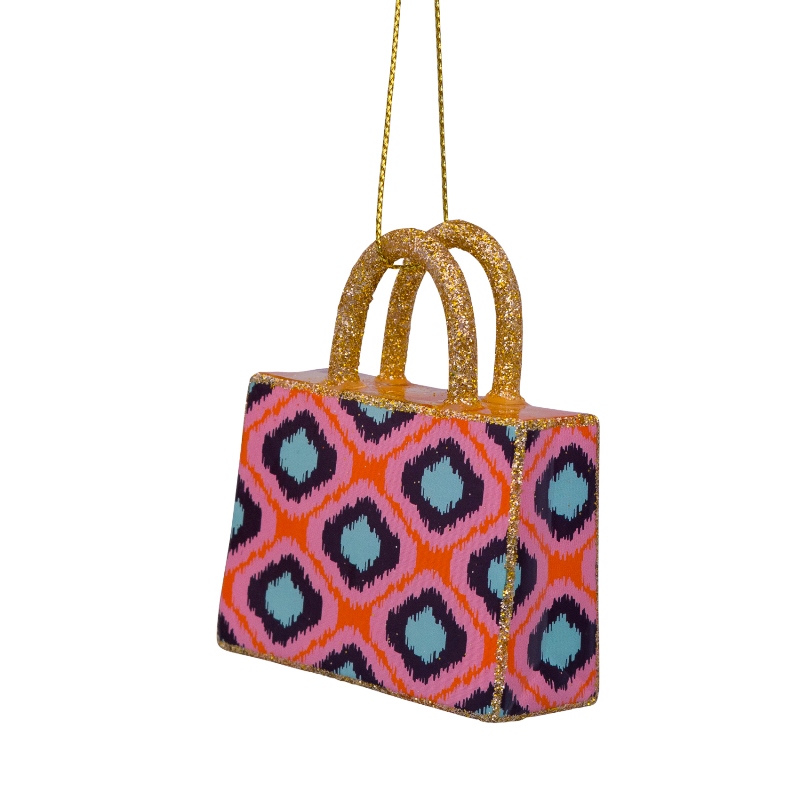  Weihnachtskugel Handtasche orange/blauer Shopper mit Rautenprint...tres chic! Glas,  H. ca. 7cm 