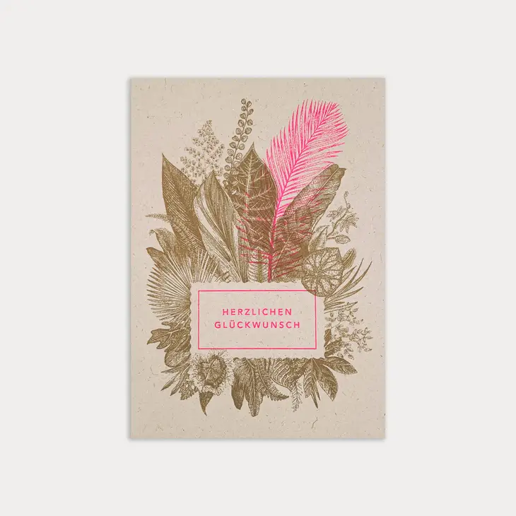 Feingeladen Postkarte TYPO »Herzlichen Glückwunsch« Gräser,  Neon Pink, RISO handgedruckt 