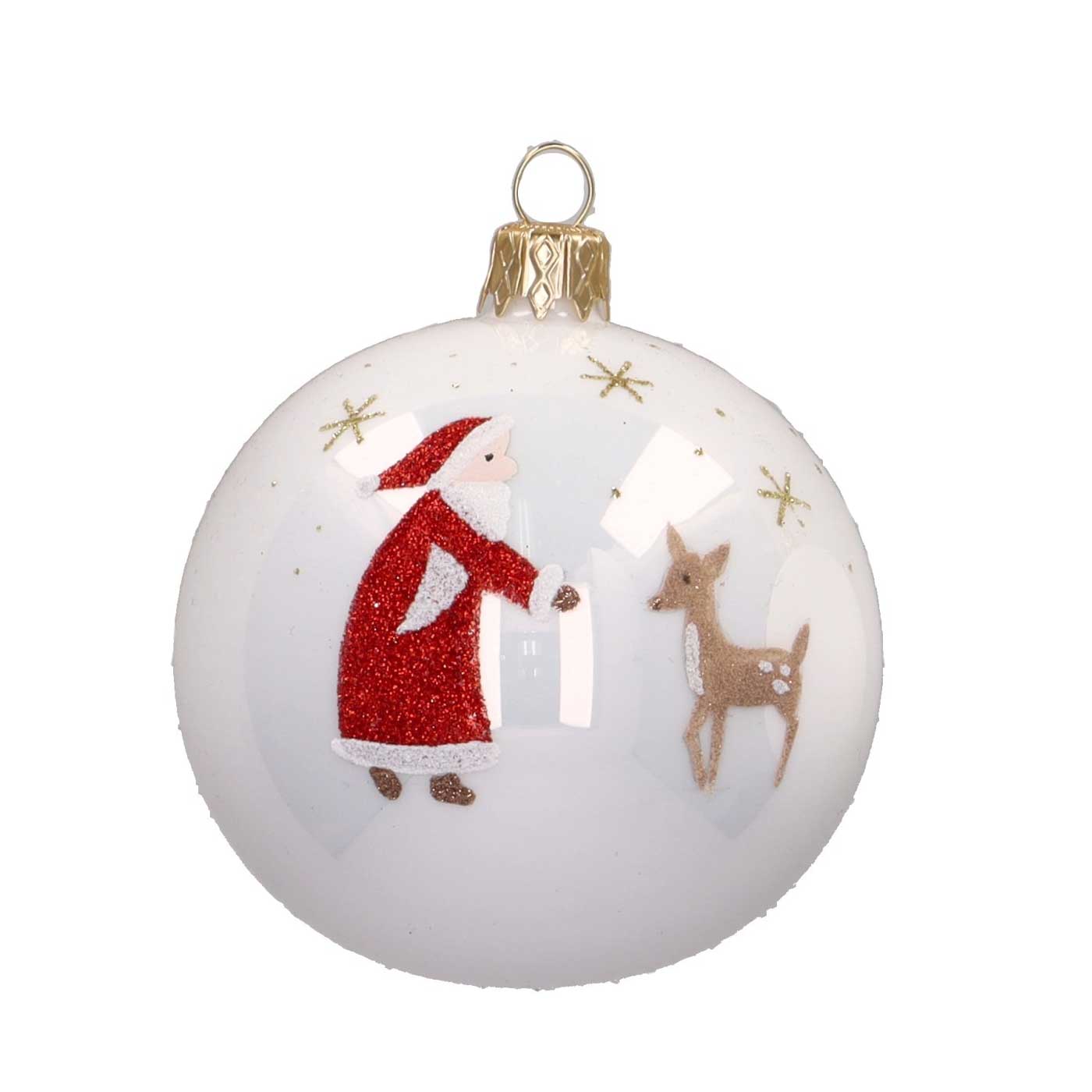 Weihnachtskugel "Santa & Reh" weiß glanz, D. ca. 8 cm, handbemalt  