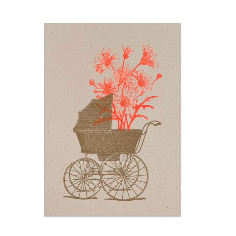 Feingeladen Postkarte TYPO »Kinderwagen mit Blume « Neon Orange, RISO handgedruckt, Zur Geburt