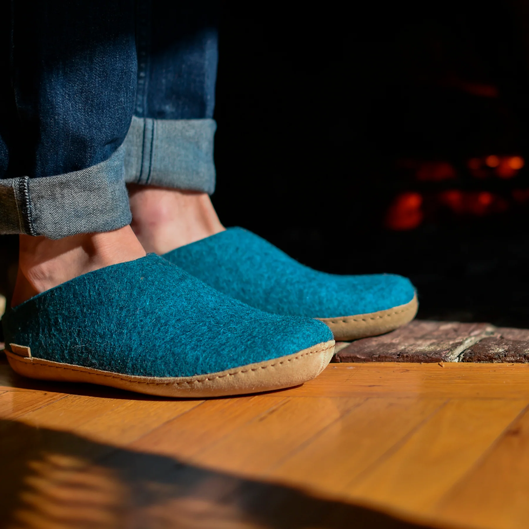 Glerups Open Heel / Slipper 100% Wollfilz , Hausschuhe, Schlappen Petrol